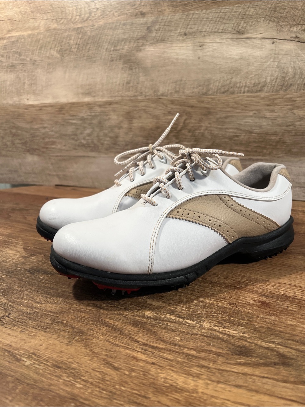 FootJoy GreenJoys Soft Spiked Model 48392 Women's White & Tan Golf Sneakers